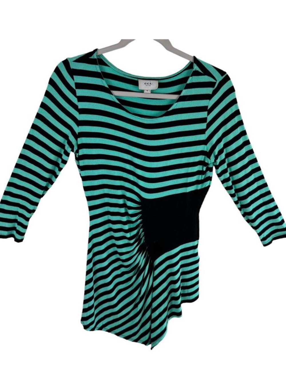 ECI Green Black Striped 3/4 Sleeve Ruched Asymmetrical Pullover Stretch Top Sz M